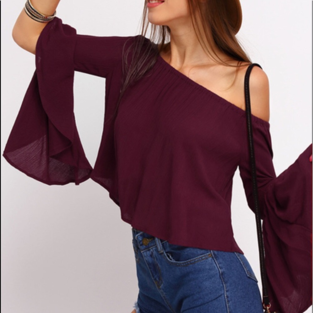 Burgundy Off the Shoulder Bell Sleeve Top